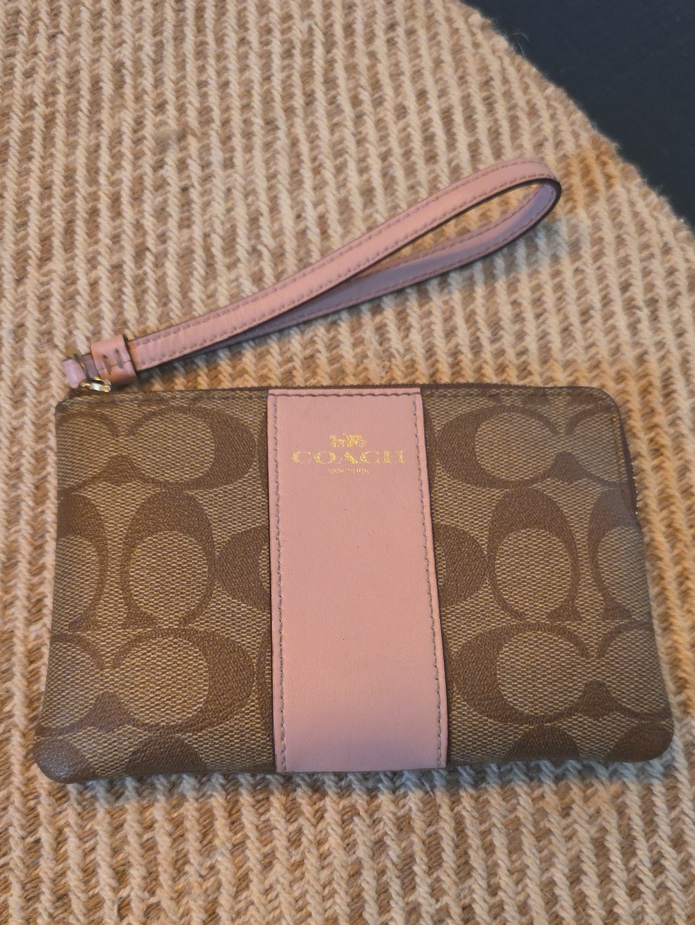 Coach Signature Canvas Wristlet with Pink Leather Trim